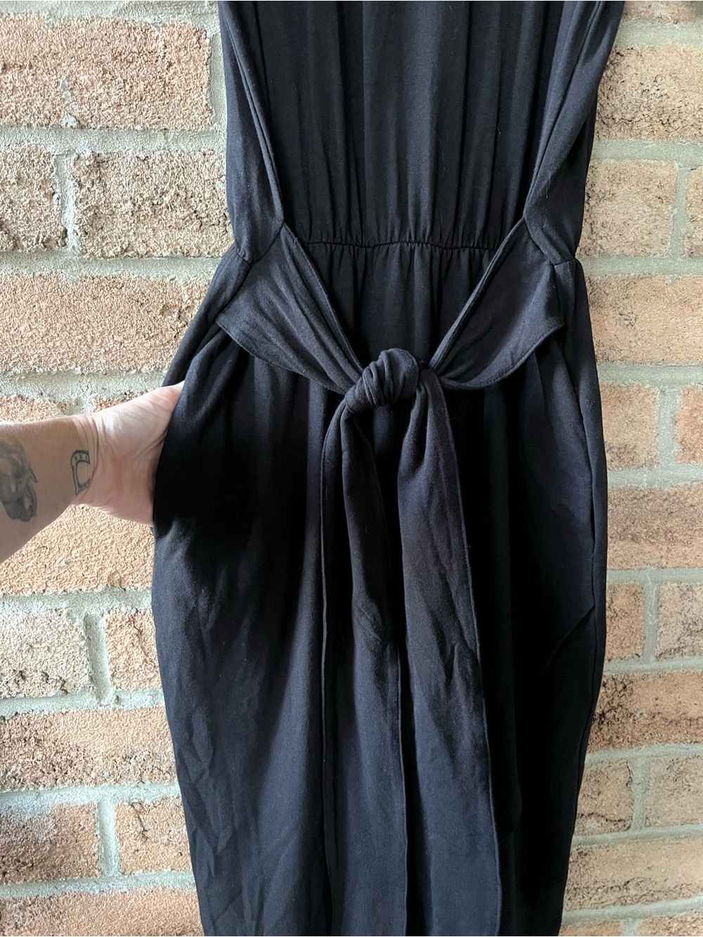 Smash + Tess Athena Midi Dress Black Bamboo Wrap Tie Waist Pockets S - Picture 7 of 13